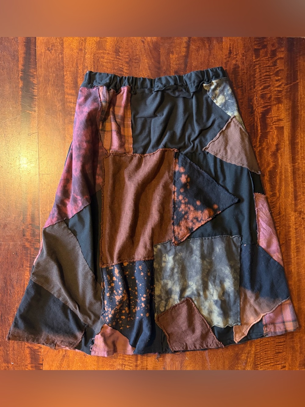 Upcycled Bohemian Patchwork Midi Skirt in Black & Rust Bleach Plaid Women’s Sz M
